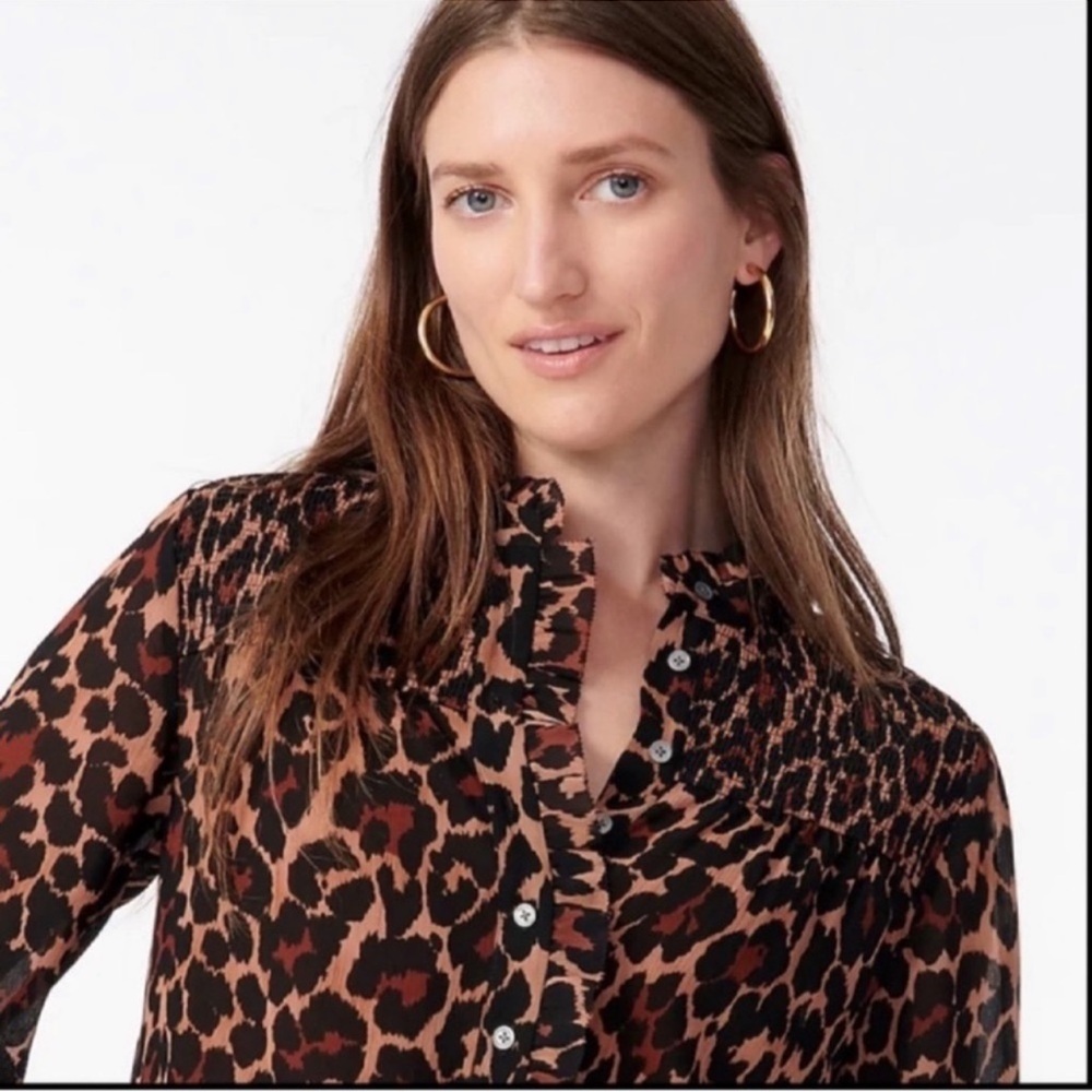 J. crew Smocked Animal Print Pop over Blouse s M